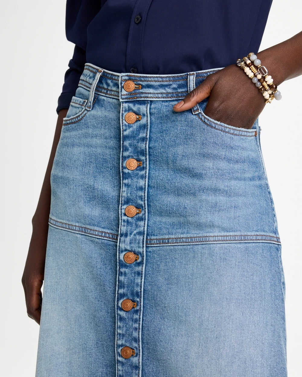 Drapey Denim Button Front Skirt - US 6953