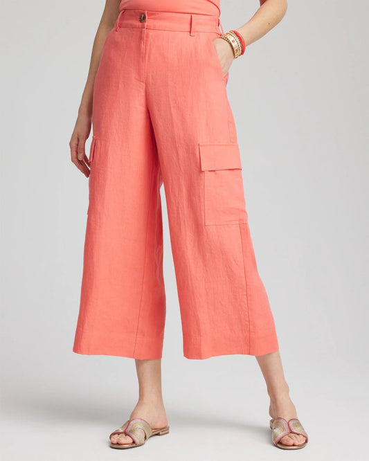 Linen Cargo Wide-Leg Cropped Pants - US 0769