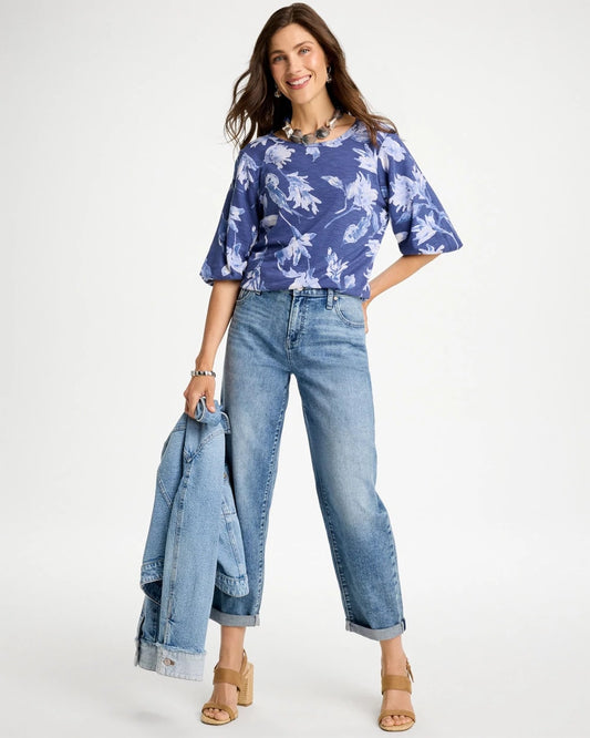 Floral Cotton Slub Puff Sleeve Tee - US 5095