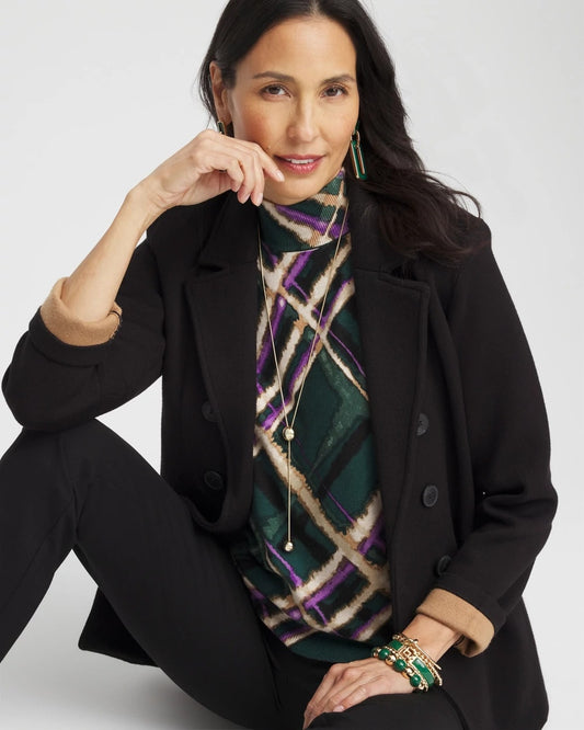 Plaid Elbow Sleeve Mock Neck Sweater - US 0284
