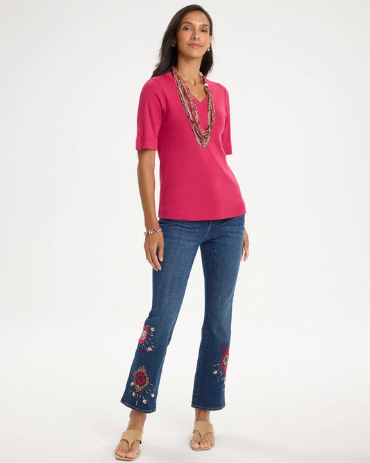 Girlfriend Tropical Soutache Flared Crop Jeans - US 5348