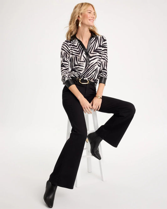 Zebra Animal Print Knit Leather-Trim Tee - US 9919