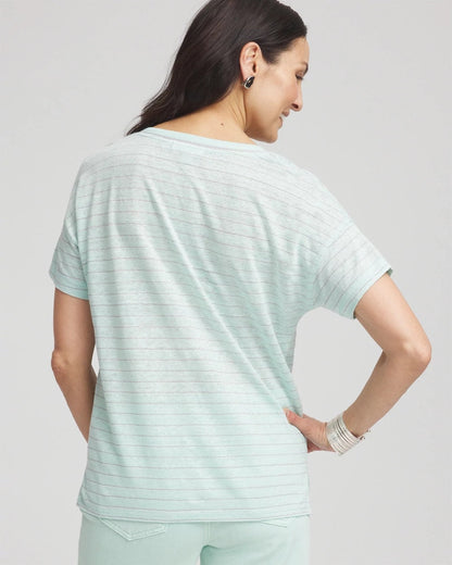 Chico's Women | Striped Sweater-Trim Linen Tee TEAL WATERS