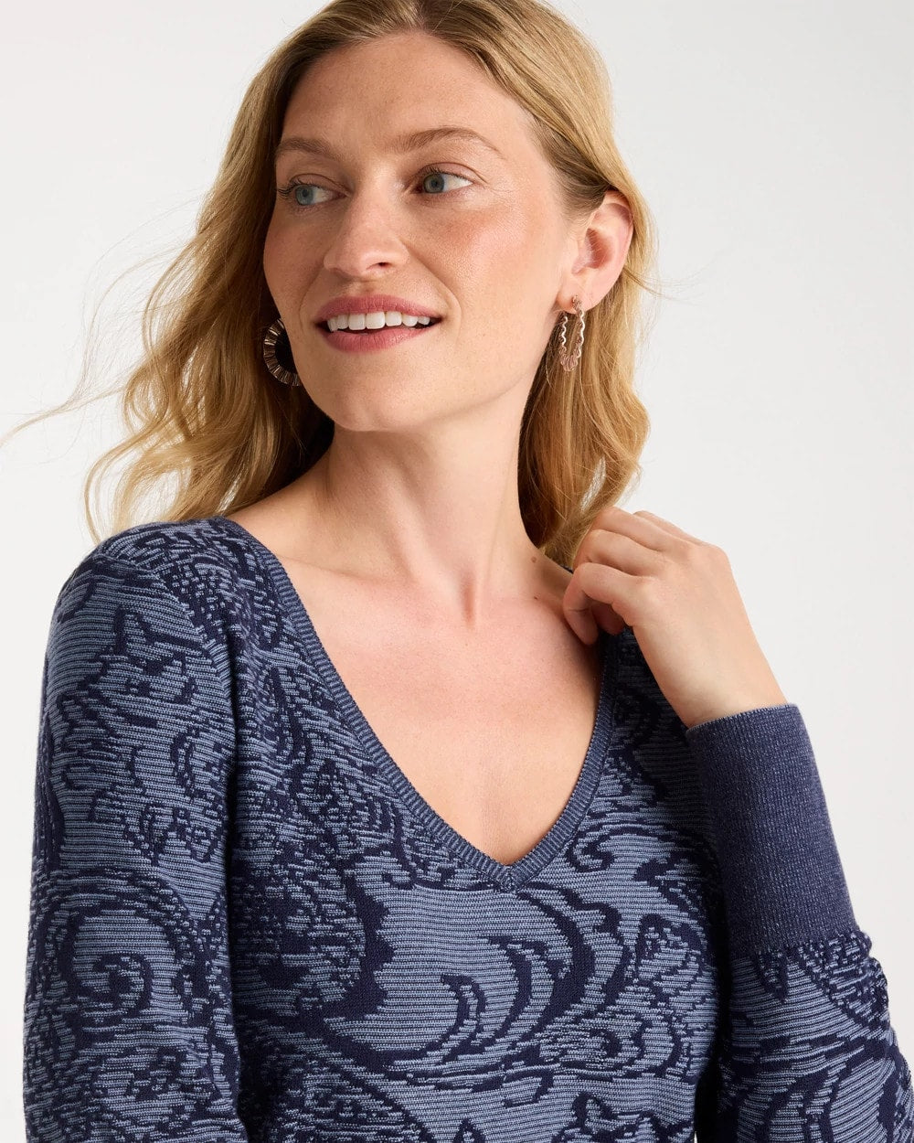 Ella Jacquard V-Neck Pullover Sweater - US 8249