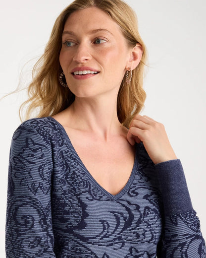 Ella Jacquard V-Neck Pullover Sweater - US 8249