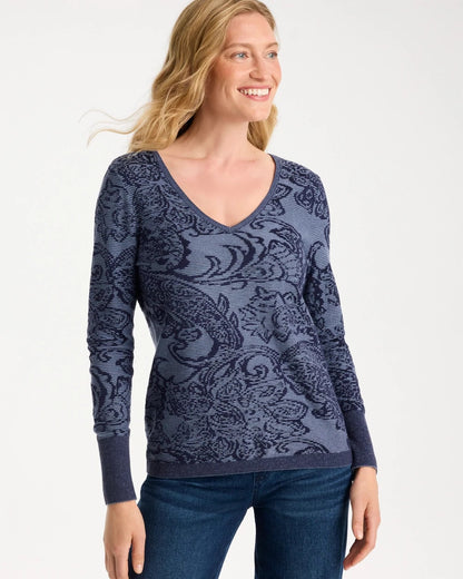 Ella Jacquard V-Neck Pullover Sweater - US 8249