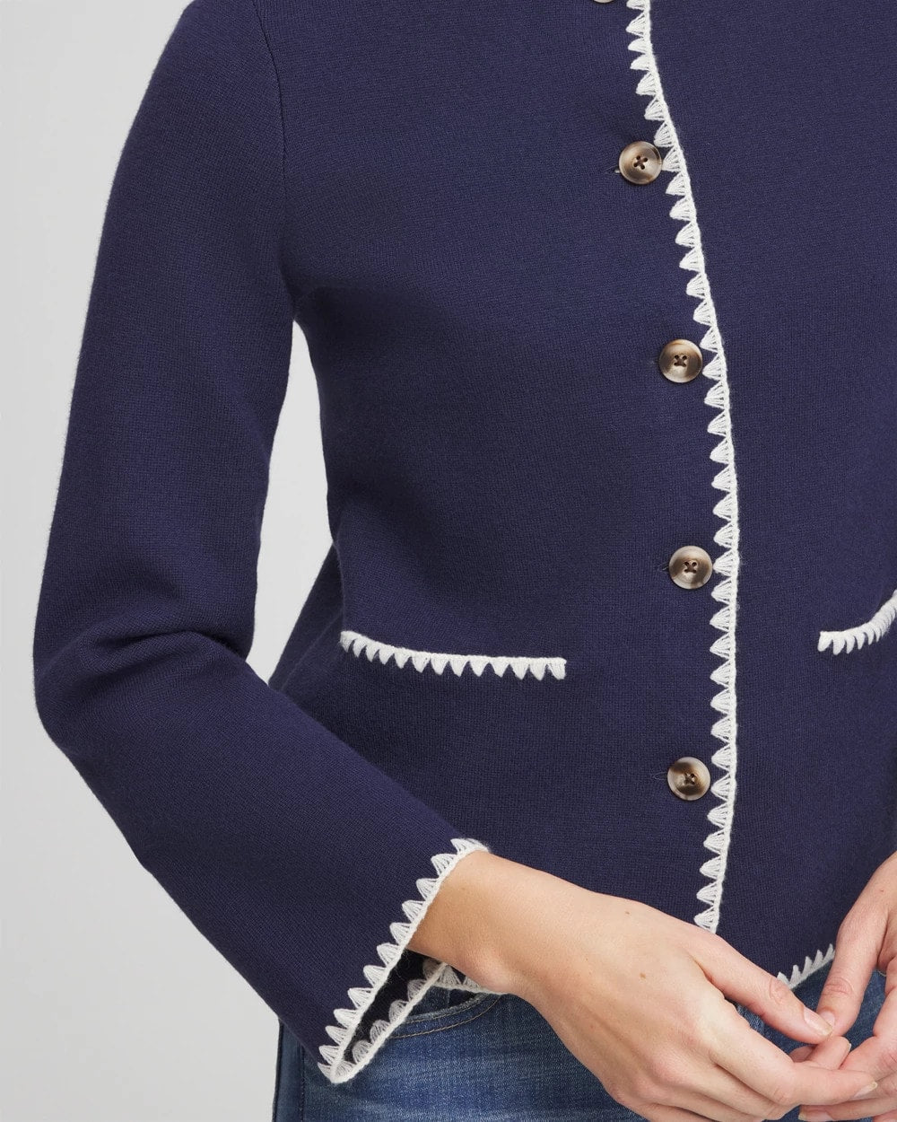 Blanket Stitch Crewneck Cardigan - US 7763