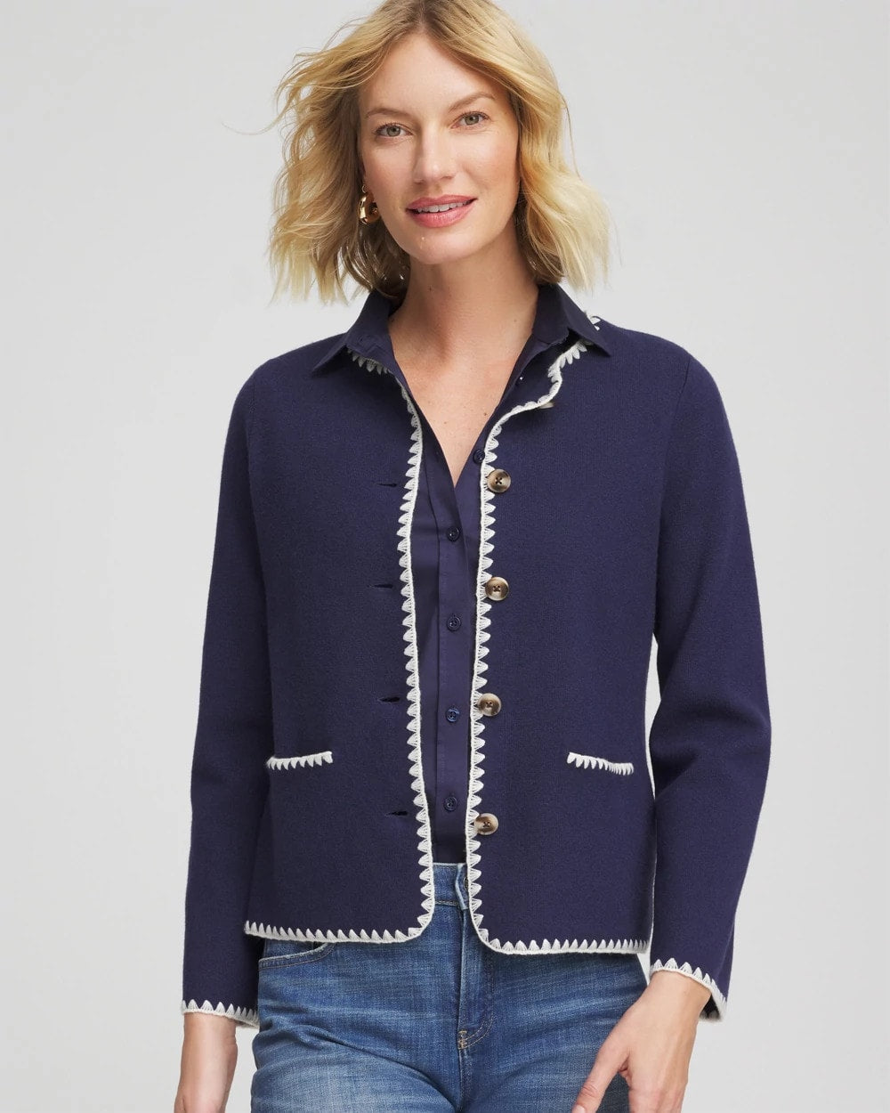 Blanket Stitch Crewneck Cardigan - US 7763