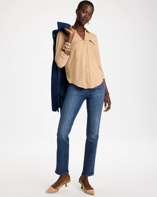 Button-Front Collared Henley Top - US 1970