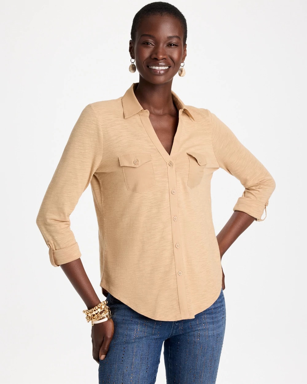 Button-Front Collared Henley Top - US 2768