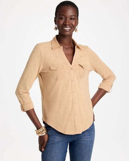 Button-Front Collared Henley Top - US 2768