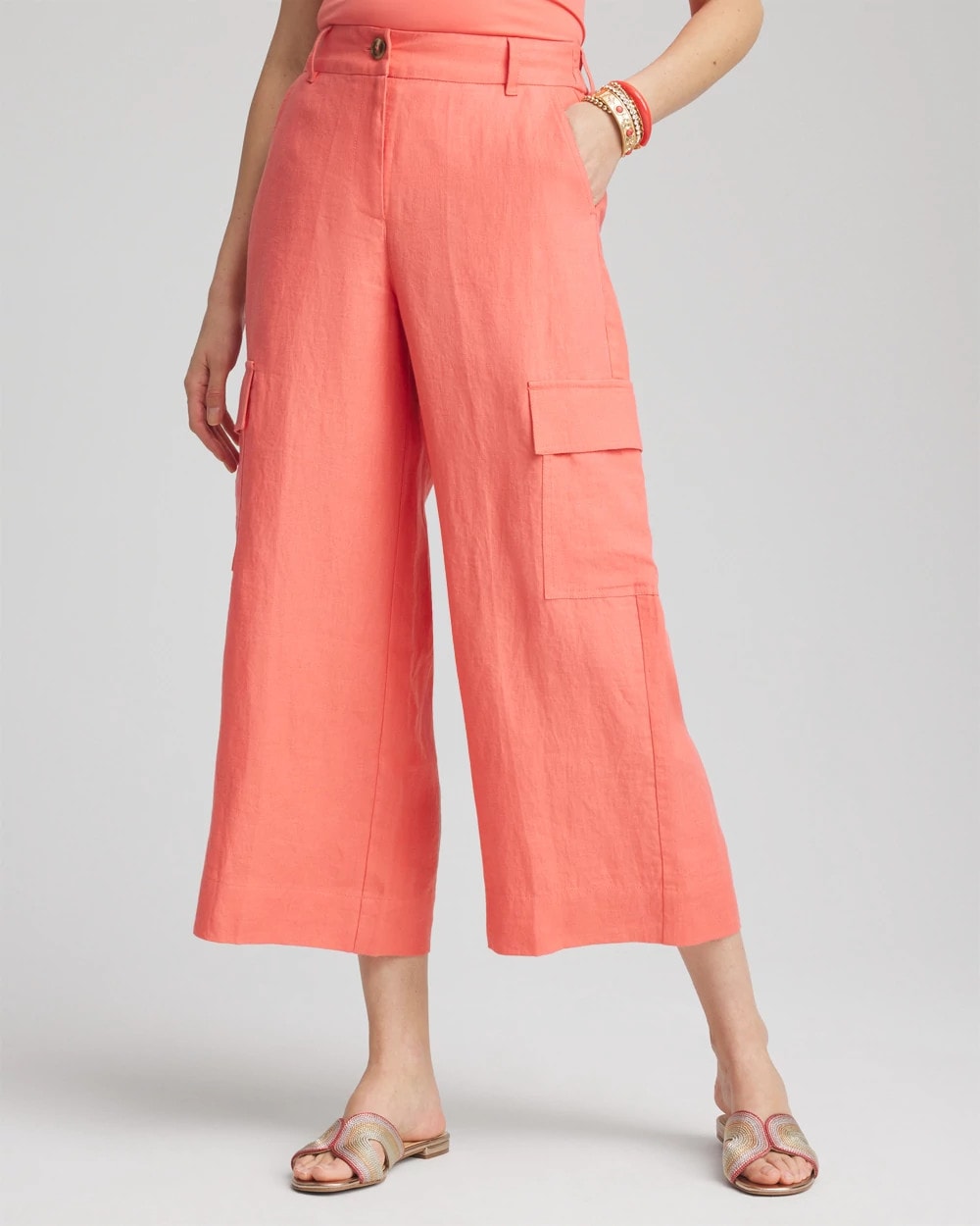 Linen Cargo Wide-Leg Cropped Pants - US 0769