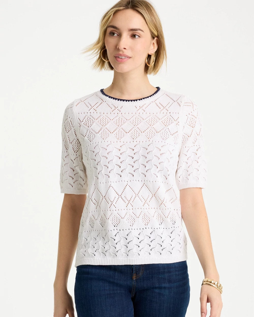 Pointelle Blanket-Stitch Pullover Sweater - US 6589