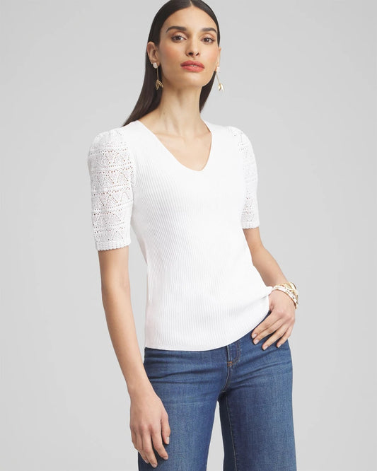 Pointelle Sleeve Pullover - US 7590
