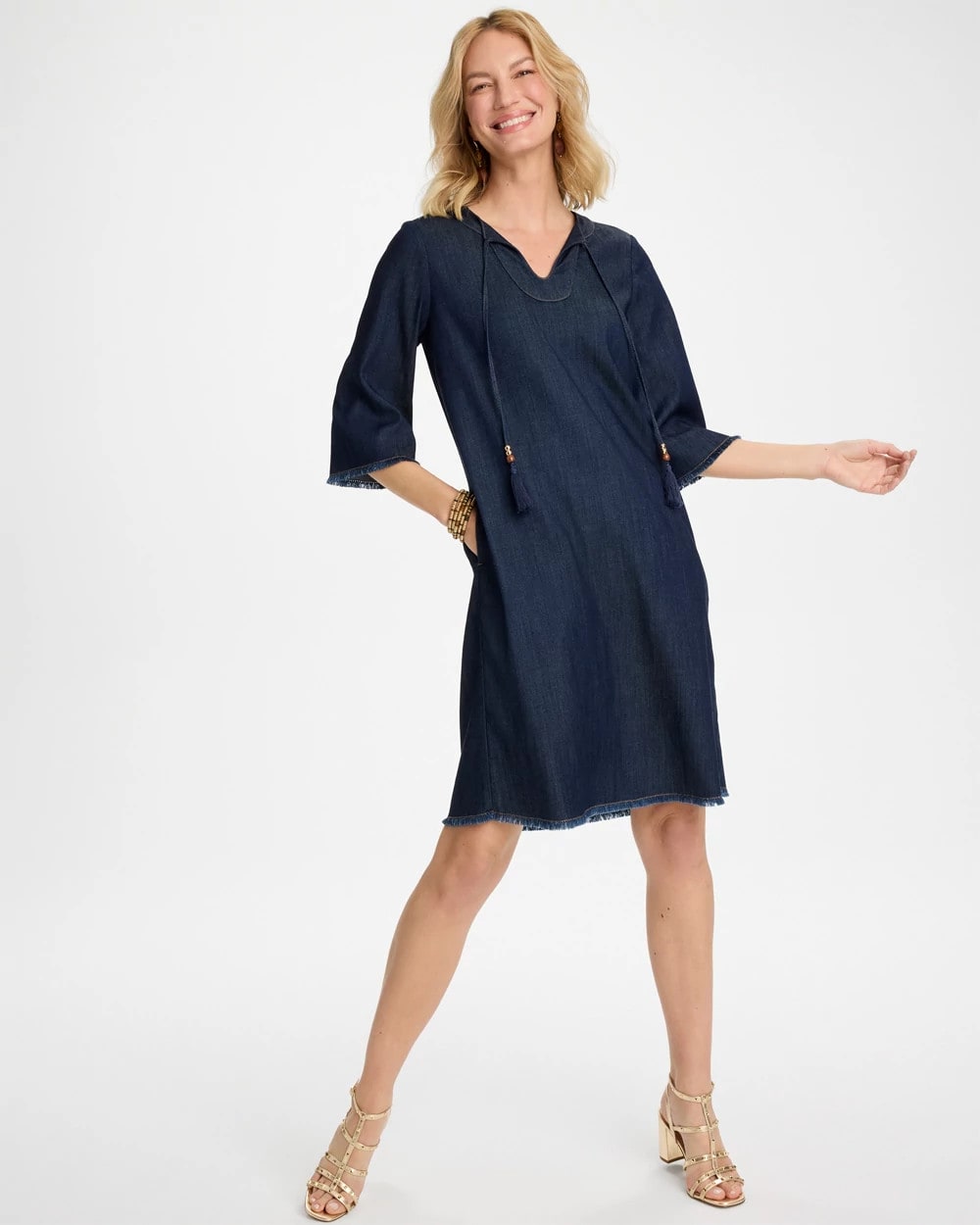 Denim Frayed Knee-Length Dress - US 6742