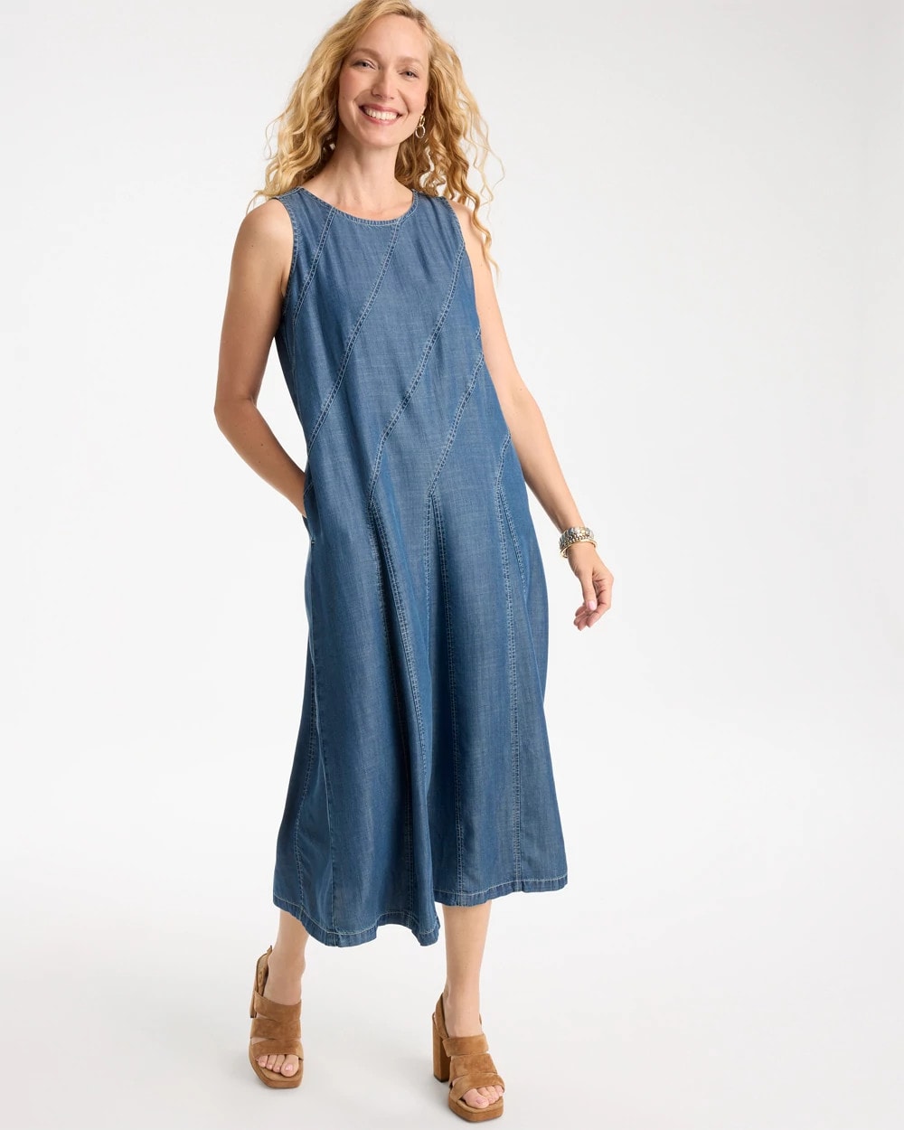 Denim Godet Sleeveless Dress - US 2892