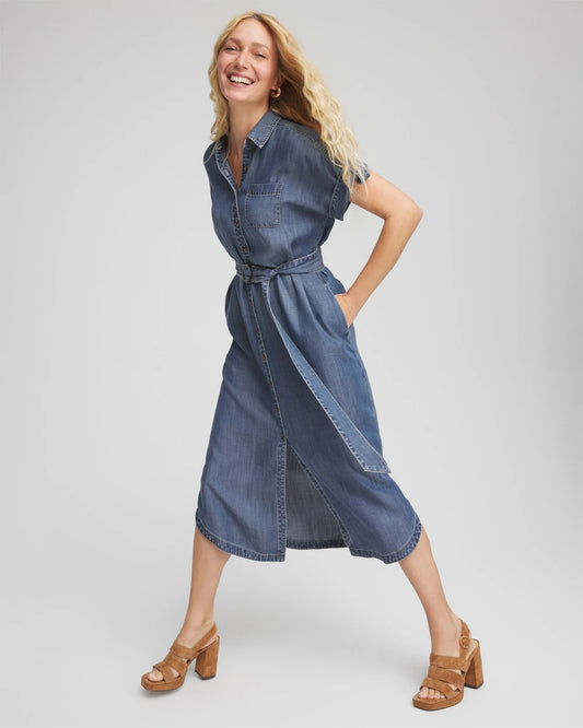 Denim Tie Midi Shirtdress - US 7330