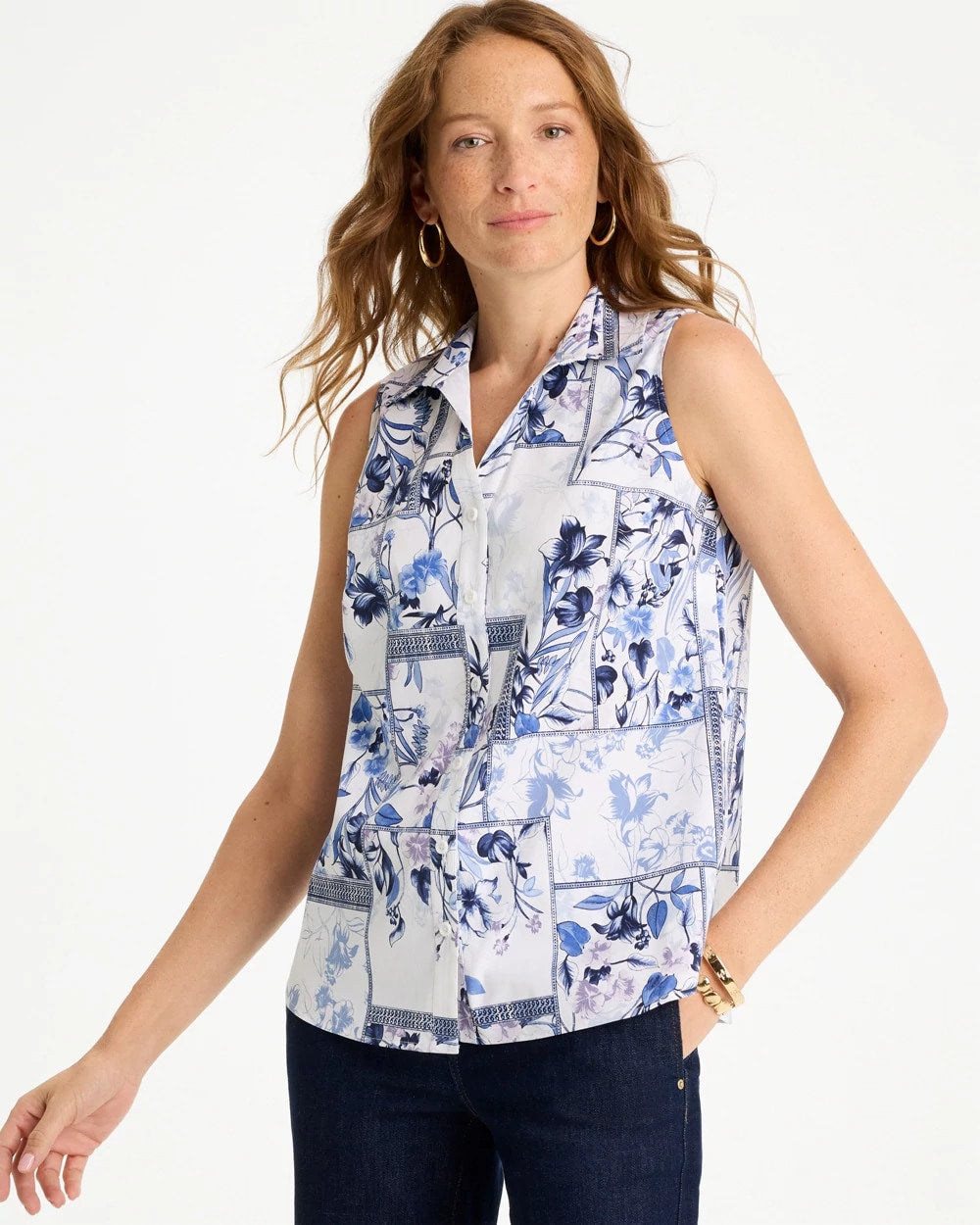 Cotton-Blend Classic Printed Sleeveless Shirt - US 3479