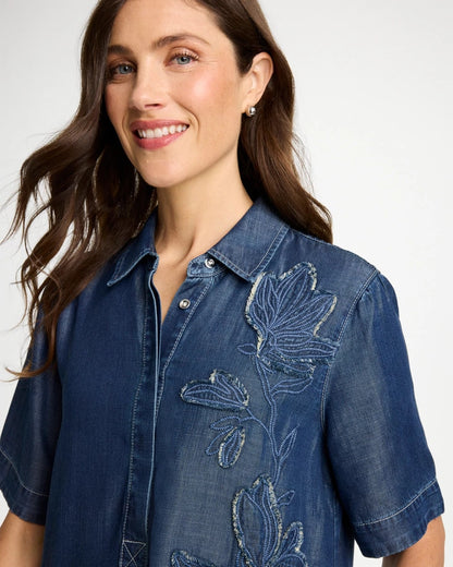 Embellished Denim Knee Length Dress - US 3151