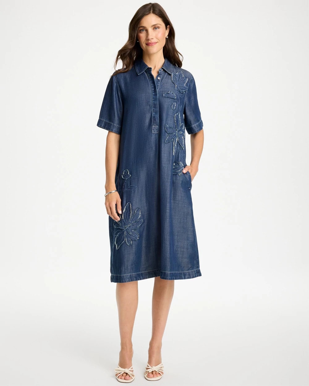 Embellished Denim Knee Length Dress - US 3151