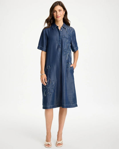 Embellished Denim Knee Length Dress - US 3151