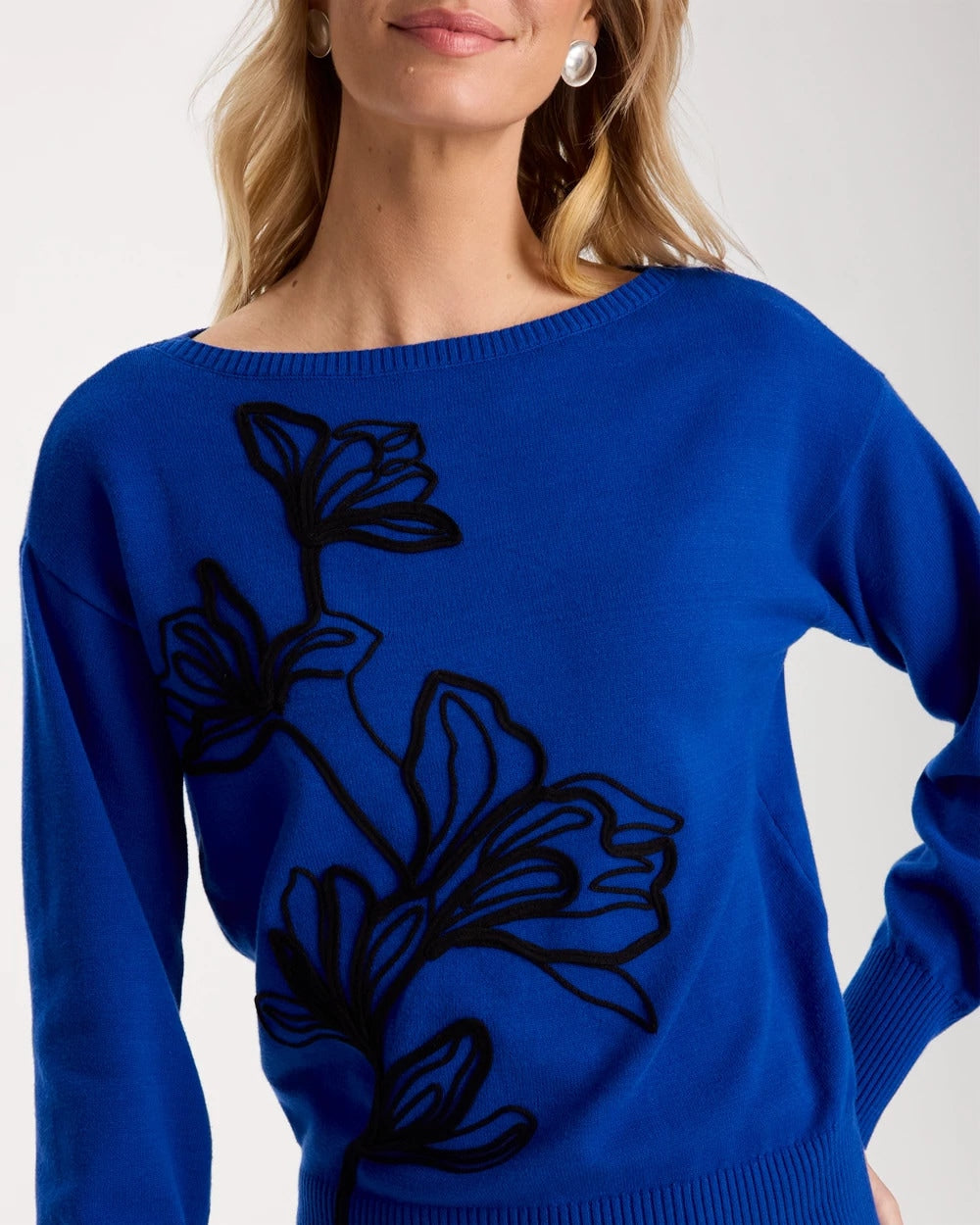 Embroidered Bateau Dolman Pullover Sweater - US 8540