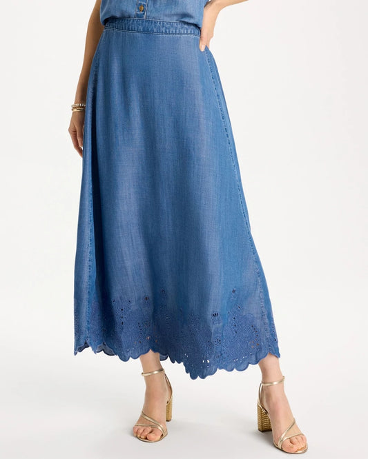 Indigo Twill Embroidered Hem Skirt - US 8786