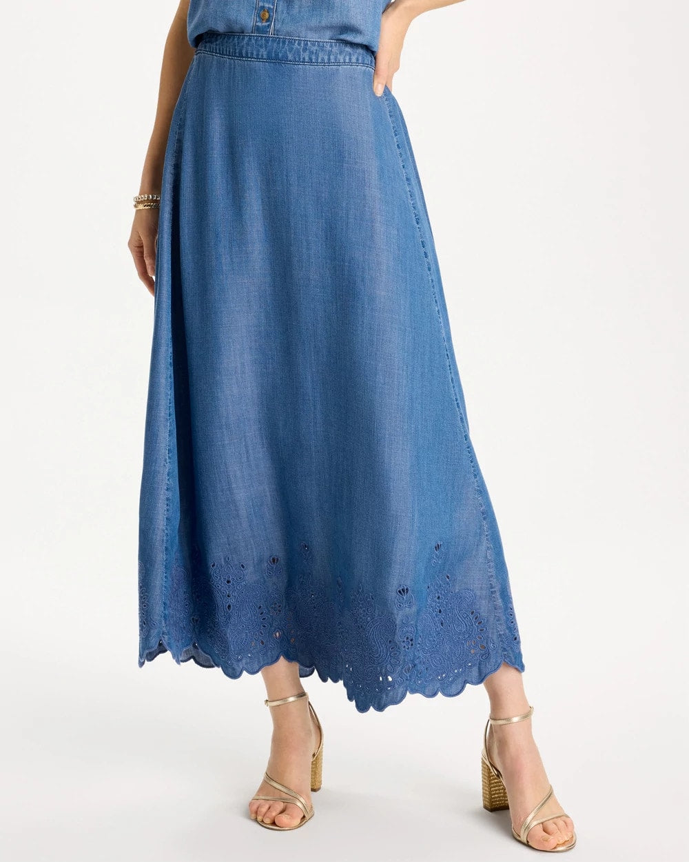Indigo Twill Embroidered Hem Skirt - US 8250