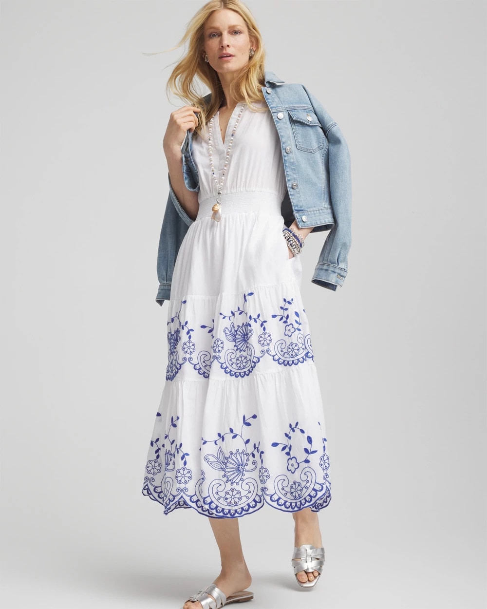 Embroidered Smocked Waist Dress - US 2667