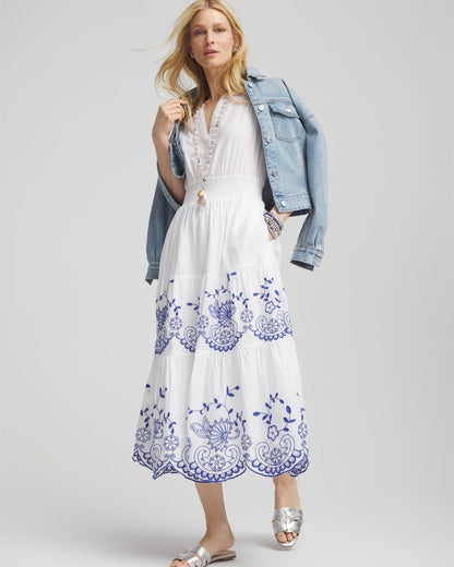 Embroidered Smocked Waist Dress - US 2667