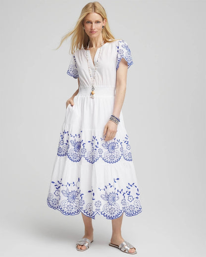 Embroidered Smocked Waist Dress - US 2667