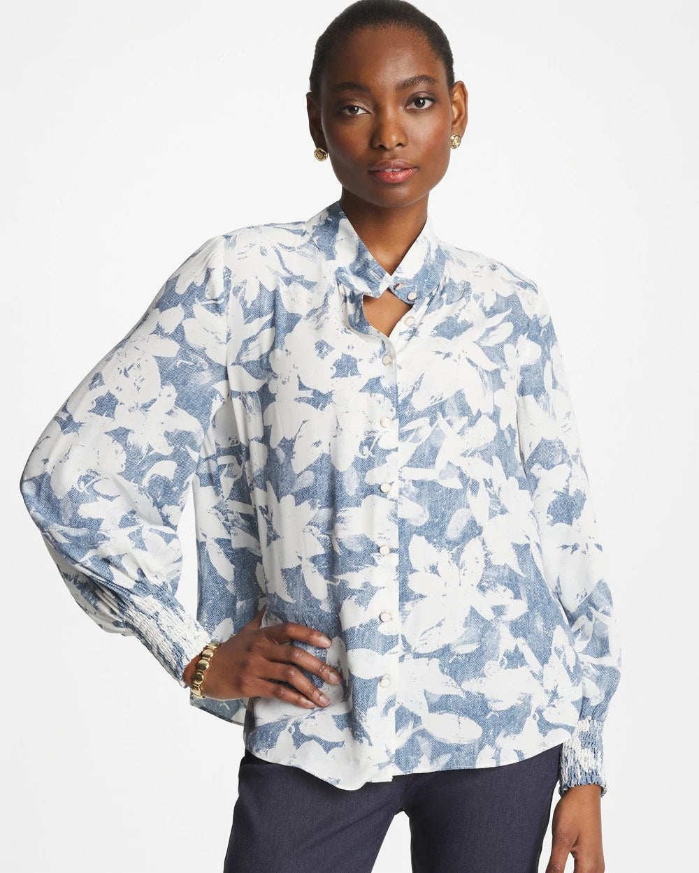 Faux Silk Mockneck Blouse - US 2846