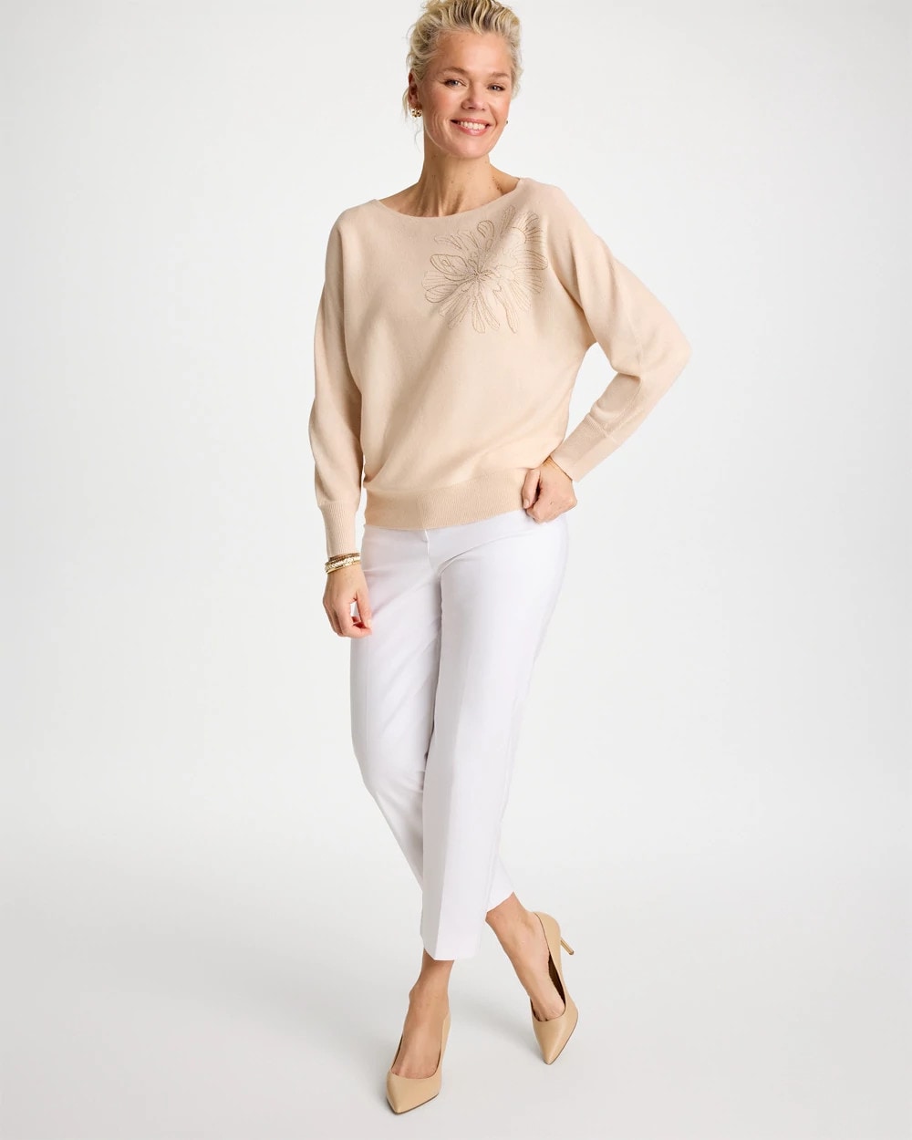 Embroidered 3/4 Sleeve Sweater - US 9797
