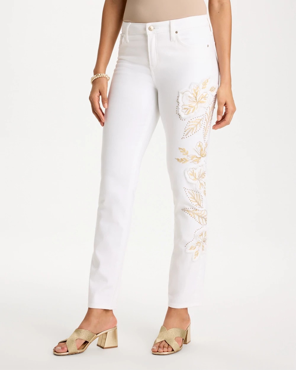 No Stain Girlfriend Floral Embellished Slim Ankle Jeans - US 0538