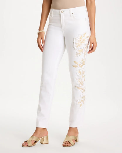 No Stain Girlfriend Floral Embellished Slim Ankle Jeans - US 0538