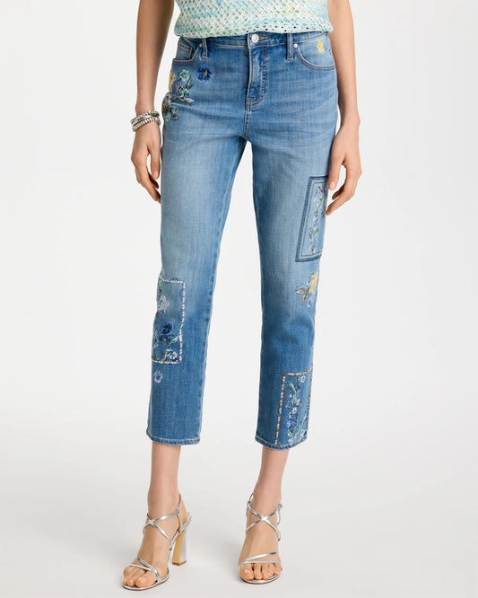 Floral Patchwork Girlfriend Crop Jeans - US 4454