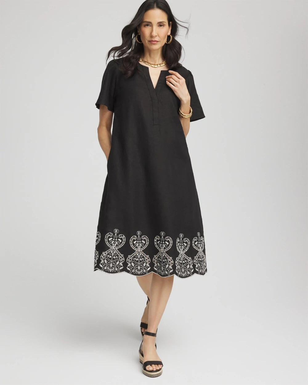 Embroidered Linen Flutter-Sleeve Dress - US 0077