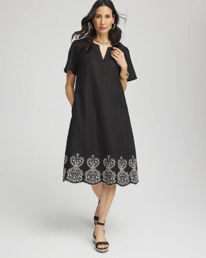 Embroidered Linen Flutter-Sleeve Dress - US 0077
