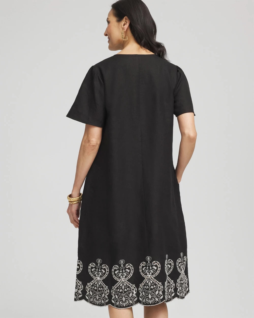 Embroidered Linen Flutter-Sleeve Dress - US 0077