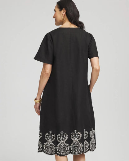 Embroidered Linen Flutter-Sleeve Dress - US 0077