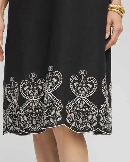 Embroidered Linen Flutter-Sleeve Dress - US 0077