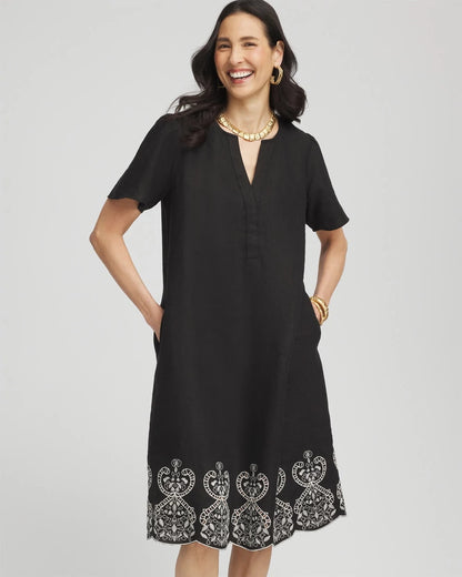 Embroidered Linen Flutter-Sleeve Dress - US 0077