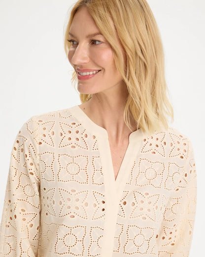 Cotton Geo Eyelet 3/4 Sleeve Blouse - US 5378