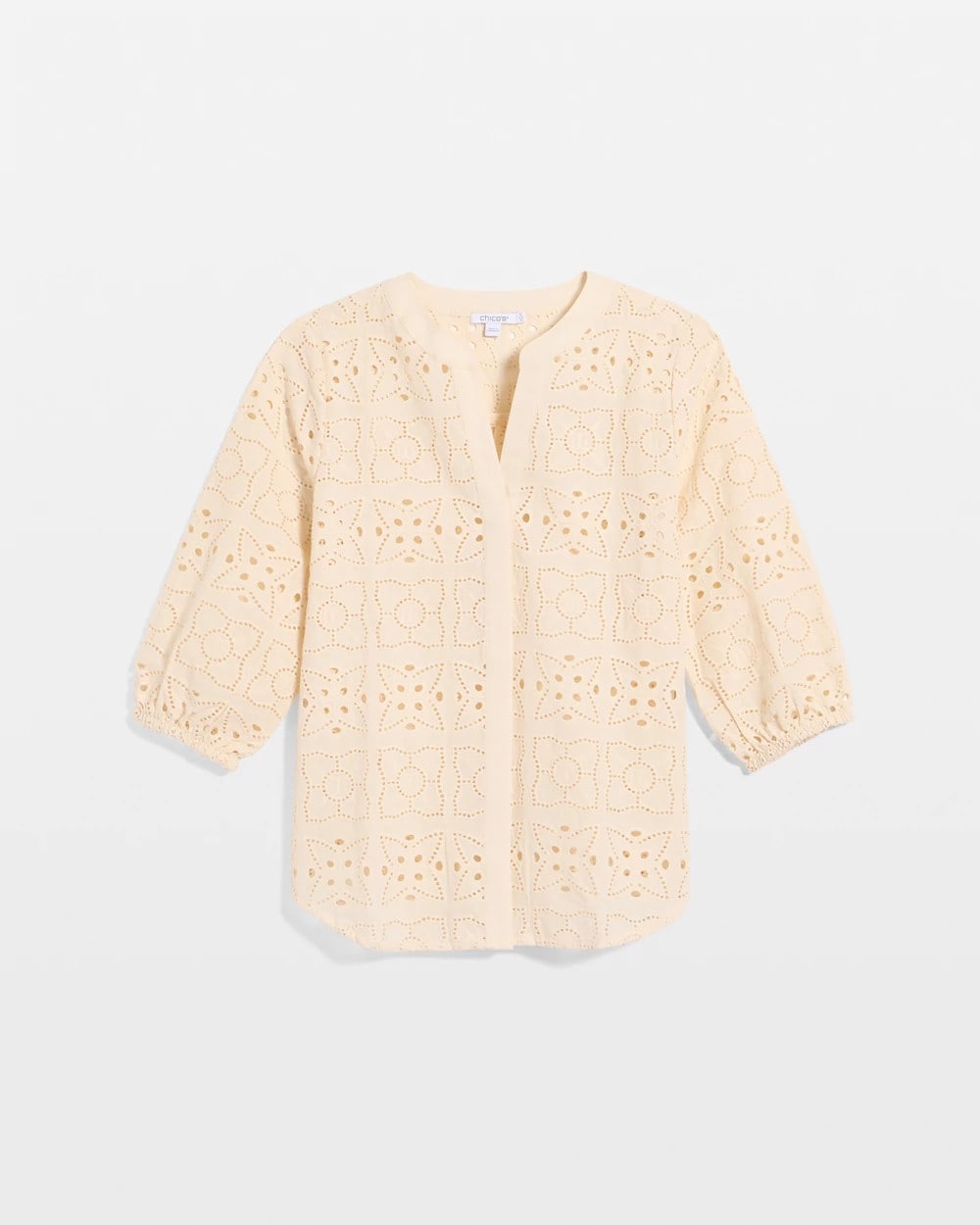 Cotton Geo Eyelet 3/4 Sleeve Blouse - US 5378