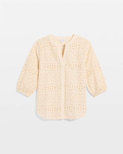 Cotton Geo Eyelet 3/4 Sleeve Blouse - US 5378