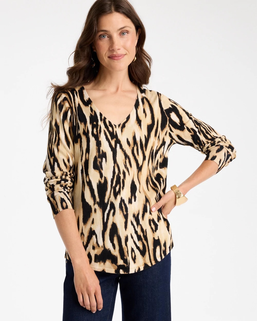 Ella Ikat Print V-Neck Pullover Sweater - US 0998