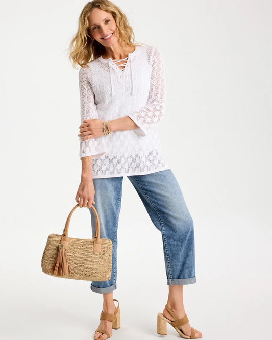 Cotton-Linen Lace Notch-Neck Sweater - US 1639
