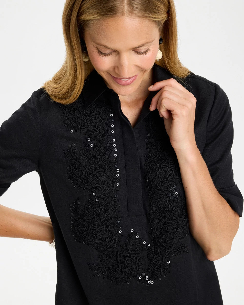 Embellished Linen Popover Dress - US 3762