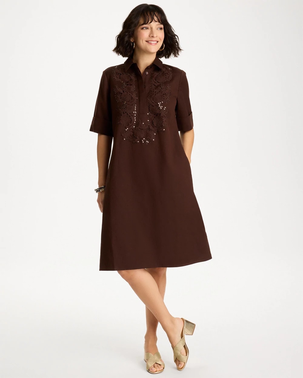 Embellished Linen Popover Dress - US 8667