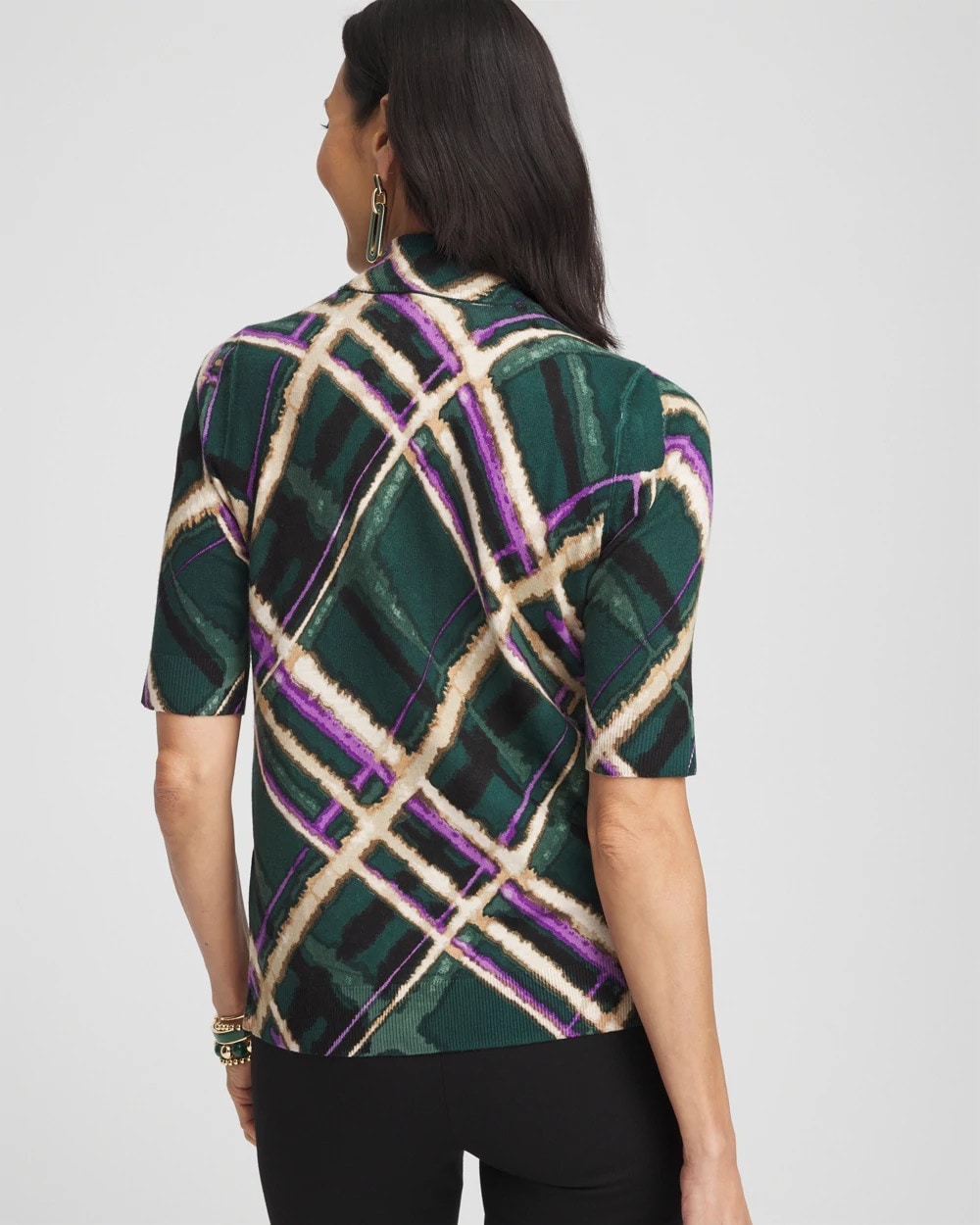 Plaid Elbow Sleeve Mock Neck Sweater - US 0284
